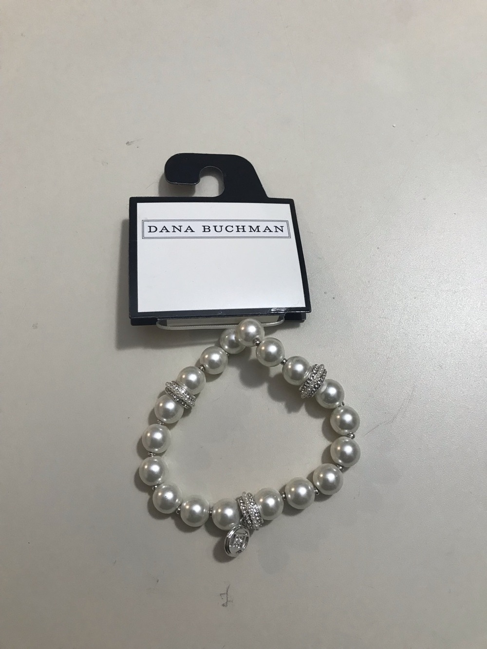Dana Buchman Faux Pearl Silver Tone White Rhinestone Stations Stretch Bracelet